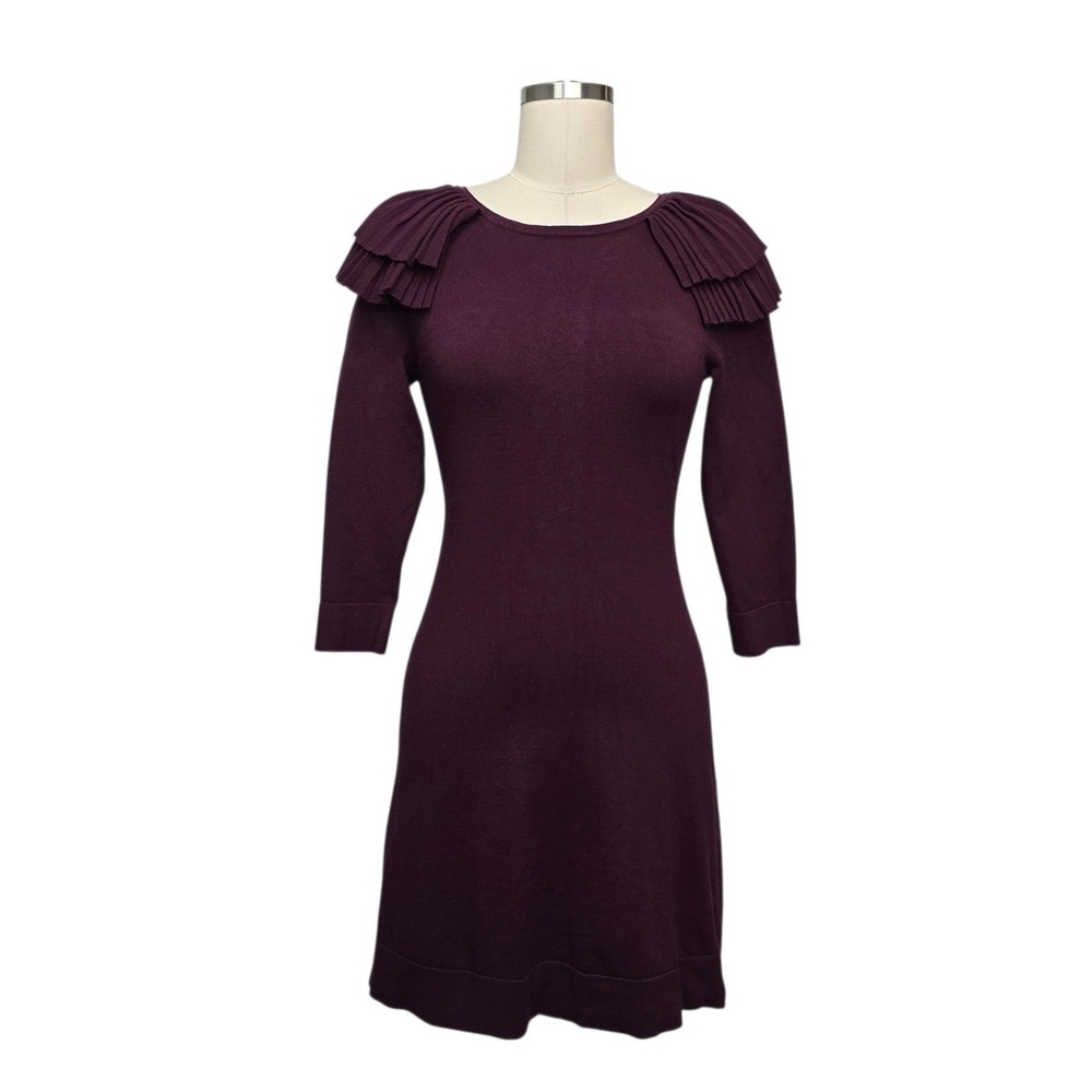 Karen Millen Plum Knit Sheath Dress Pleated Ruffle Shoulder Size Small
